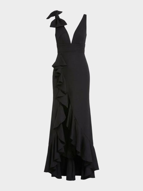 MAC DUGGAL Plunging High-Low Ruffle Crepe Gown