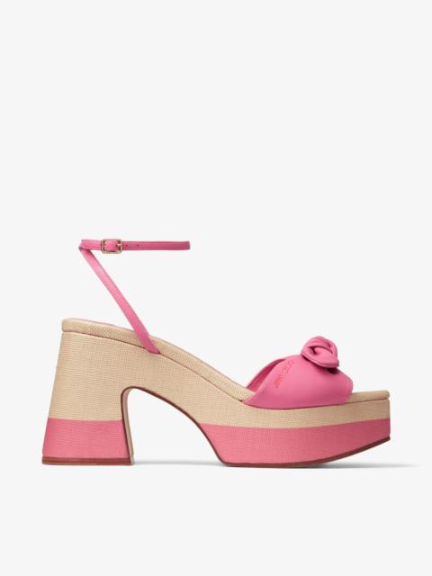 JIMMY CHOO Ricia 95 Candy Pink/Natural Leather and Raffia Platform Sandals