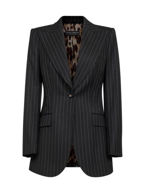 Black pinstriped stretch wool single-breasted jacket