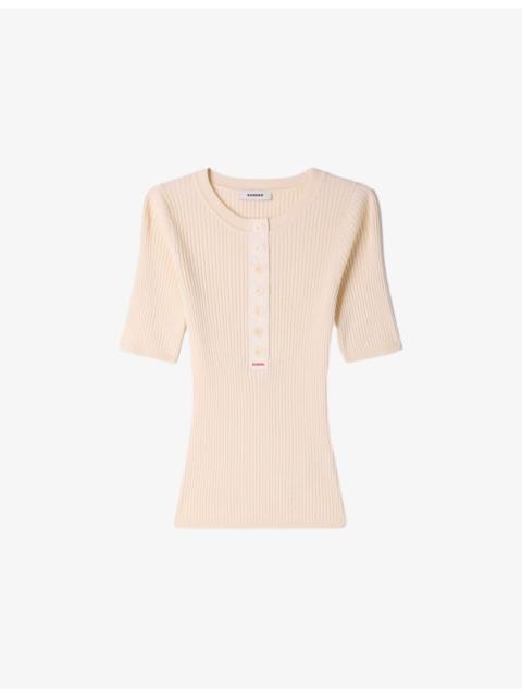 Sandro Button-Placket Short-Sleeve Ribbed Jumper