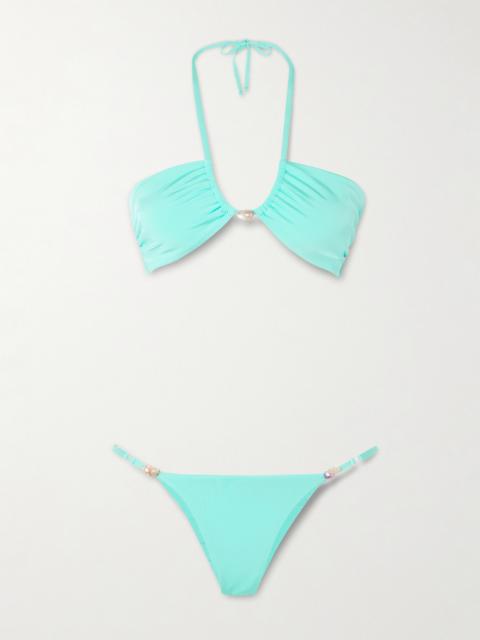 SARA CRISTINA Bahia Pearl-embellished Stretch-econyl Halterneck Bikini
