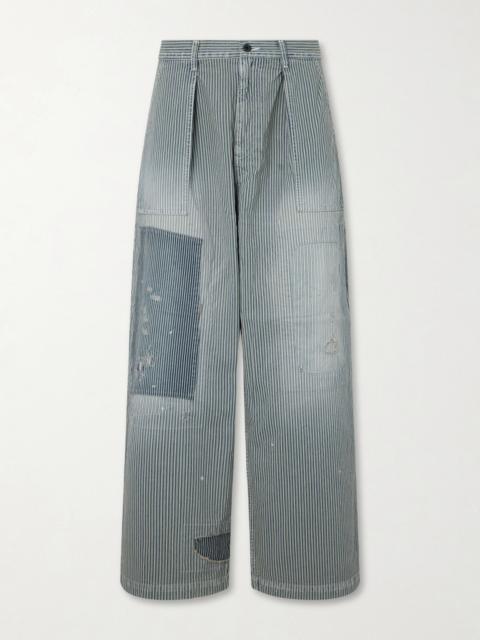 Kapital Liberty Hicoree Fatigue Wide-Leg Striped Distressed Patchwork Cotton-Twill Trousers