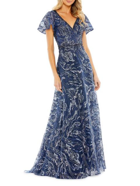MAC DUGGAL Women's Beaded & Embroidered Short-Sleeve Gown - Navy
