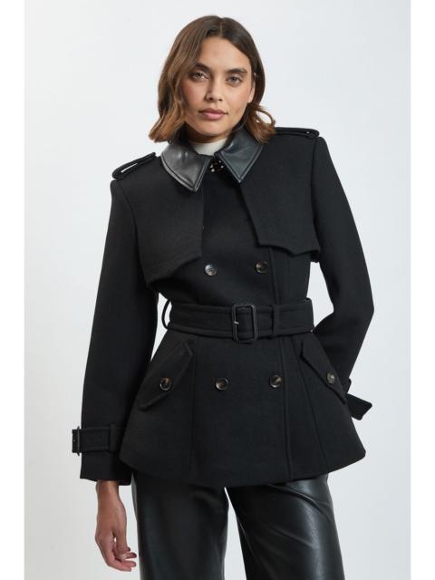 KAREN MILLEN Wool & Faux Leather Detail Short Pea Coat
