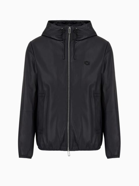 Hooded, semi-aniline nappa lambskin blouson with full-length zip