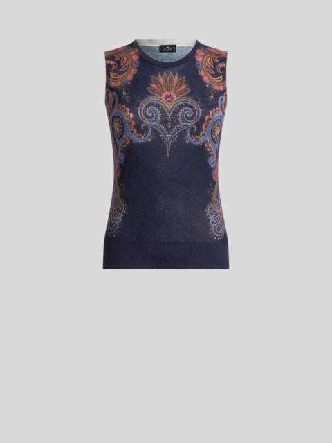 Etro SLEEVELESS SILK AND CASHMERE TOP WITH PLACED PAISLEY PRINT