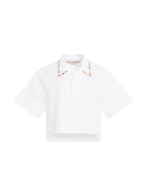 Beaded Collar Cropped Bowling Shirt in Lily White