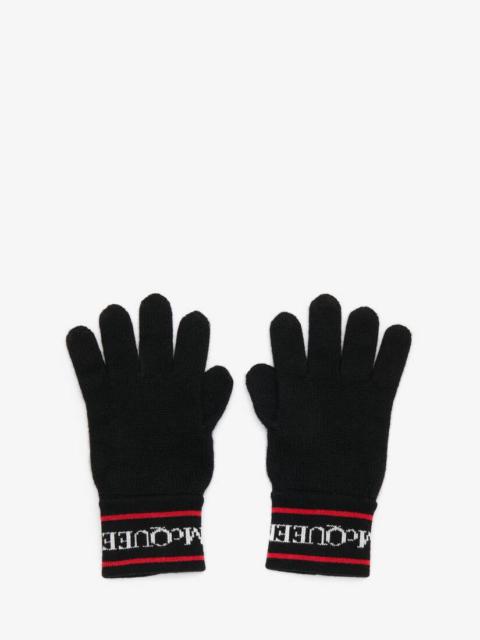 Alexander McQueen Men's Selvedge Tape Knit Gloves in Black/red