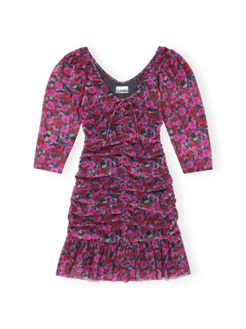 GANNI FLORAL MESH FLOUNCE RUCHED MINI DRESS