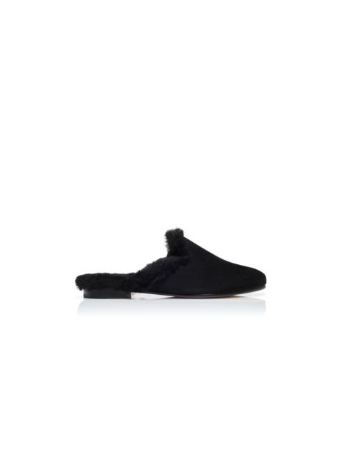 Manolo Blahnik Black Suede and Shearling Flat Mules