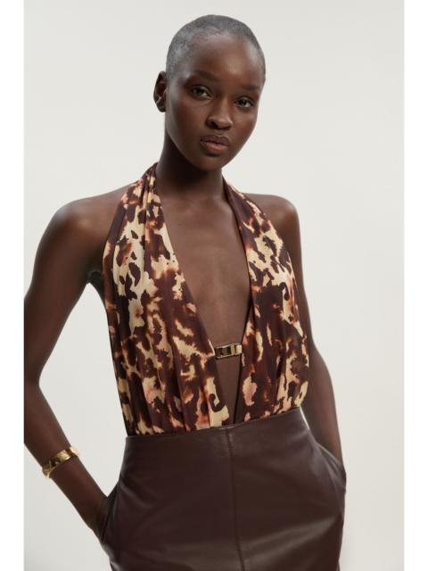 KAREN MILLEN Leopard Print Plunge Halter Neck Trim Detail Mesh Bodysuit