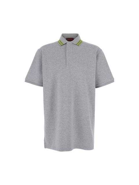 Grey Polo Shirt With Striped Collar And Tone-on-tone Embroidered Logo On The Front In Cotton Man