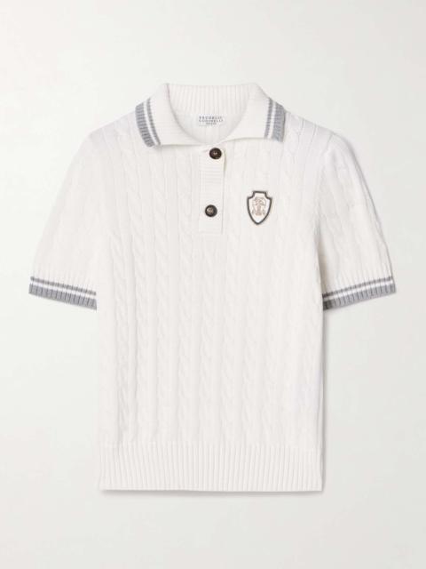 Appliquéd cable-knit cotton polo sweater White