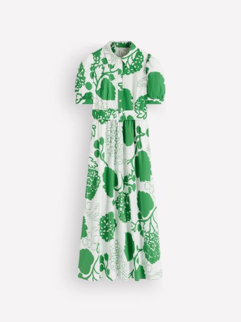 BODEN Belted Cotton Midi Dress-Ivory, Hydrangea Frenzy