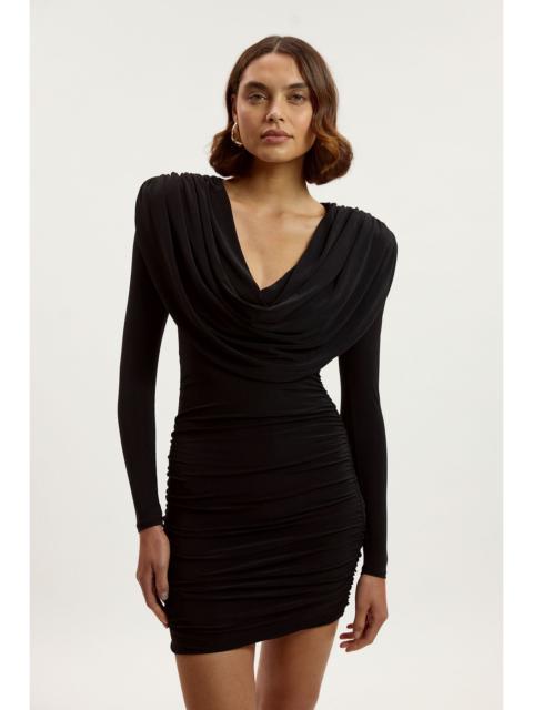 KAREN MILLEN Stretch Drapey Crepe Ruched Plunge Neck Long Sleeve Mini Dress