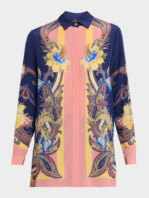 Etro Paisley-Print Silk Button-Down Tunic Shirt