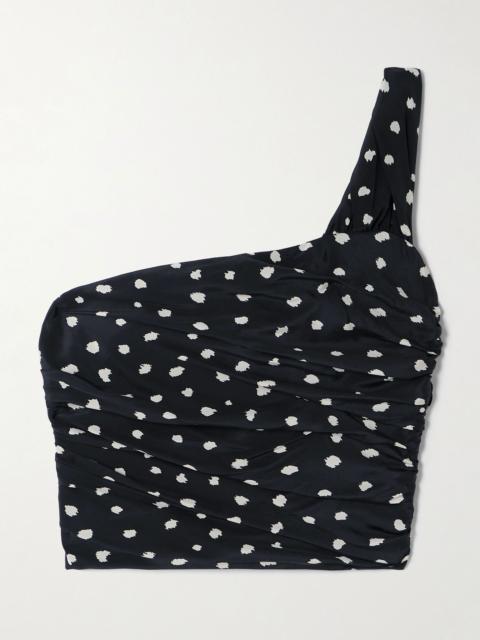 BLAZÉ MILANO Mariquita Reef one-shoulder gathered printed silk crepe de chine top Navy