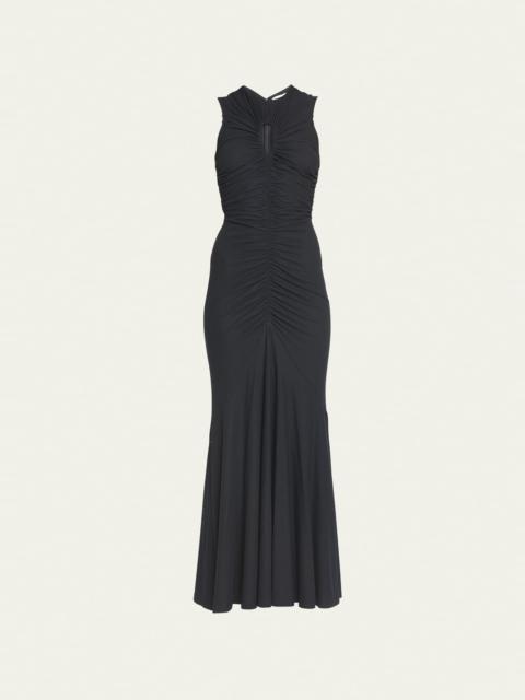 Gwynne Long Sleeveless Ruched Dress with Keyhole