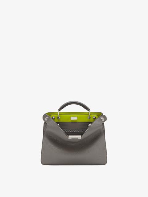 FENDI Small Peekaboo ISeeU bag, made of gray Cuoio Romano leather with contrasting acid green interior. Th