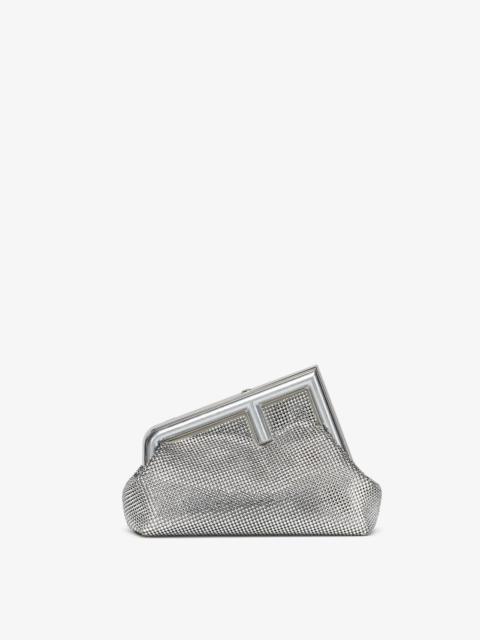 FENDI Small Fendi First bag made of gray nubuck leather, finely embroidered with crystals. Oversized F met