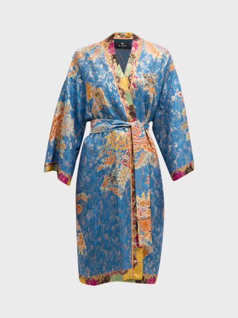 Etro Kesa Metallic Floral Bouquet Jacquard Belted Kimono