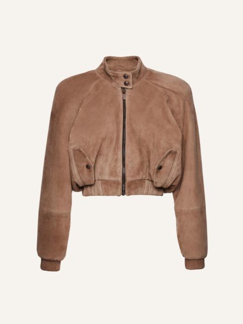 MAGDA BUTRYM Cropped leather bomber jacket in beige suede
