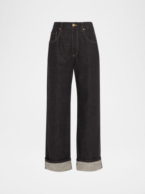 Brunello Cucinelli Dark-Wash Wide-Leg Cuffed Jeans