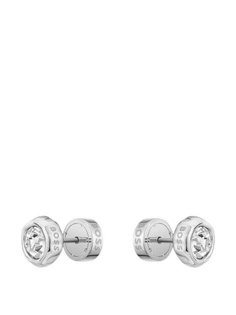 BOSS SILVER-TONE STUD EARRINGS WITH CRYSTAL CORE