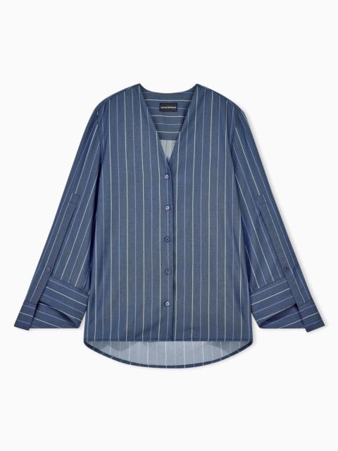 EMPORIO ARMANI LONG-SLEEVED V-NECK SHIRT IN STRIPED JACQUARD DENIM