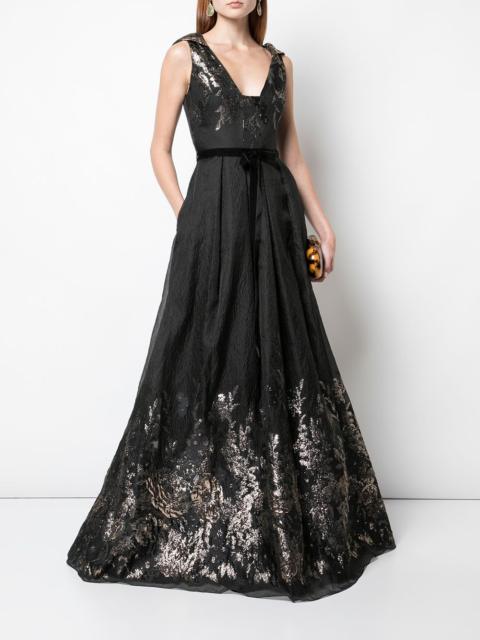 Marchesa V-NECK METALLIC FILS COUPE GOWN
