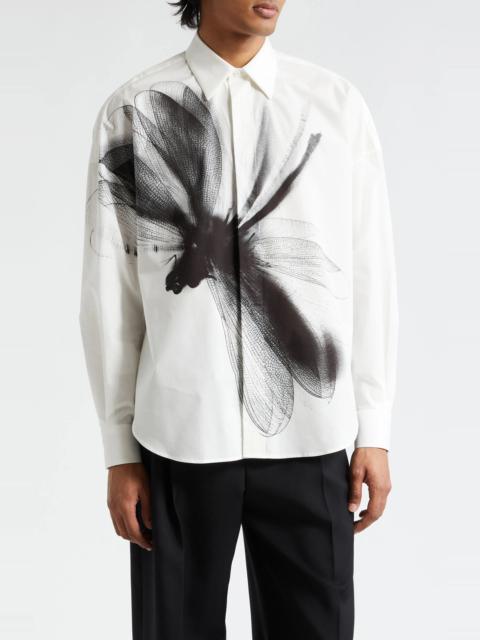 Dragonfly Print Long Sleeve Cotton Button-Up Shirt