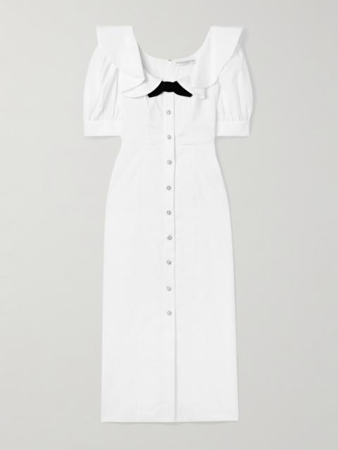 Alessandra Rich Velvet-trimmed Ruffled Cotton-poplin Midi Dress