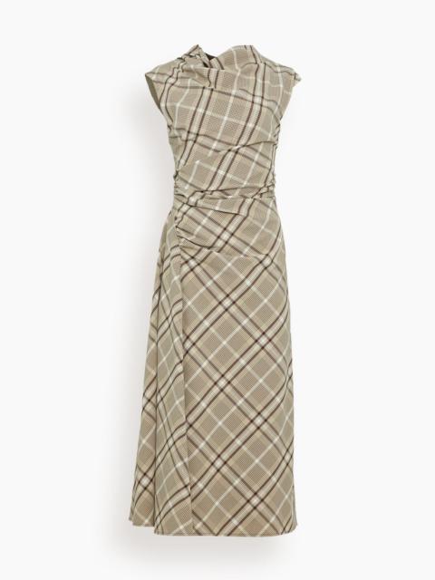 SIMKHAI Burke Sleeveless Draped Midi Dress in Sand Plaid