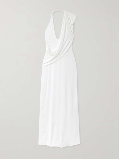 Asymmetric draped jersey gown