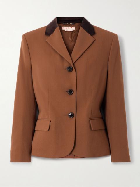 Marni Velvet-trimmed embroidered grain de poudre wool blazer Brown