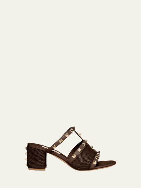 Valentino Rockstud Raffia Block-Heel Slide Sandals