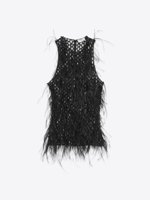 SAINT LAURENT sleeveless top in fishnet and feathers