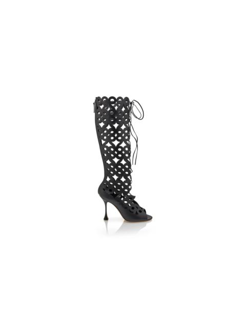 Black Calf Leather Cut Out Knee High Boots