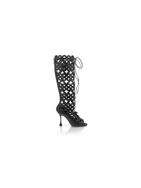 Manolo Blahnik Black Calf Leather Cut Out Knee High Boots