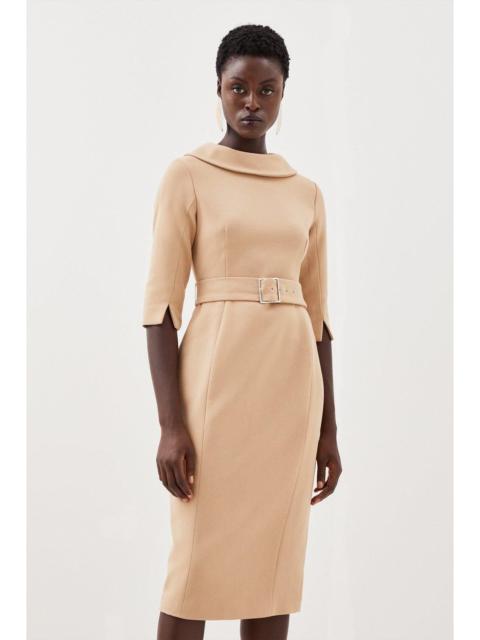KAREN MILLEN Petite Structured Crepe Roll Neck Belted Tailored Midi Dress