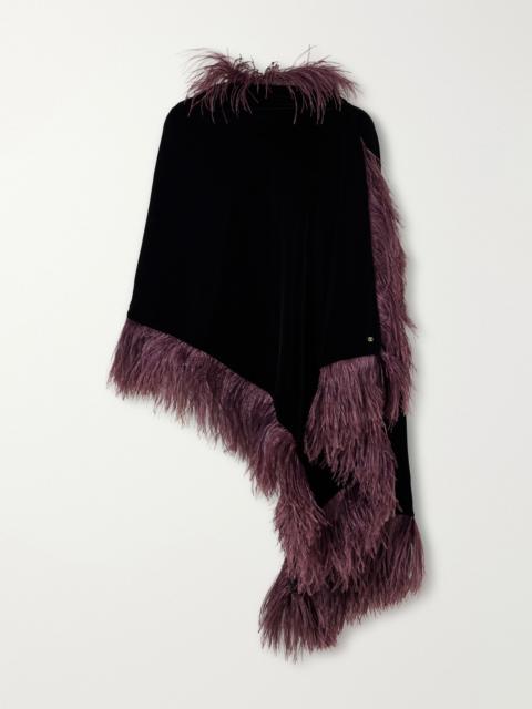 Valentino VLogo-embellished feather-trimmed velvet wrap Black