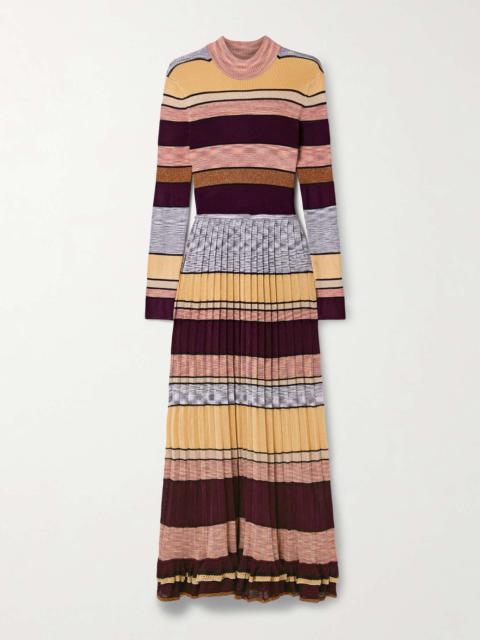 Evangeline striped pleated metallic knit turtleneck maxi dress Multi