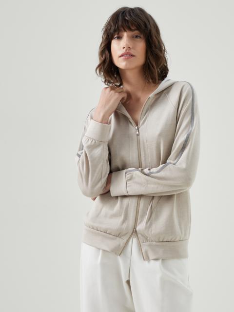 Cotton and silk interlock hooded sweatshirt with precious stripe