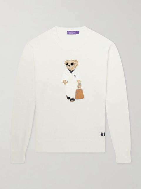 Ralph Lauren Polo Bear Logo-Appliquéd Leather-Trimmed Knitted Silk and Linen-Blend Sweater