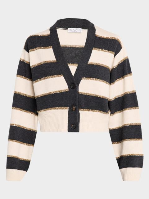 Brunello Cucinelli Luminous Striped Cashmere Crop V-Neck Cardigan