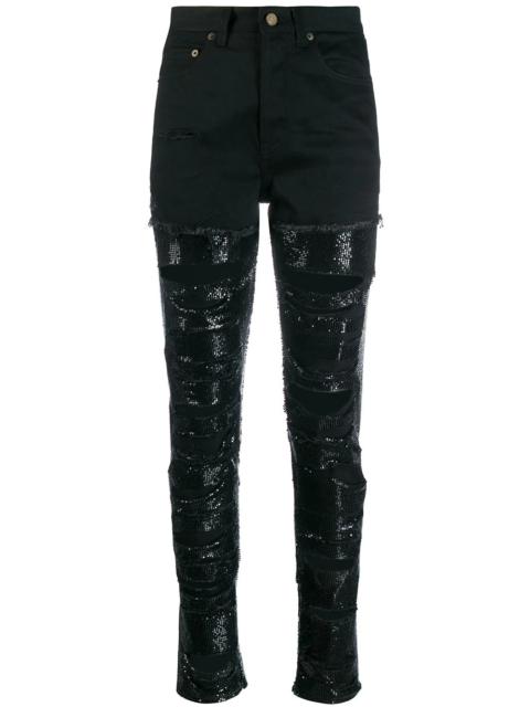 SAINT LAURENT sequin-embellished ripped skinny jeans