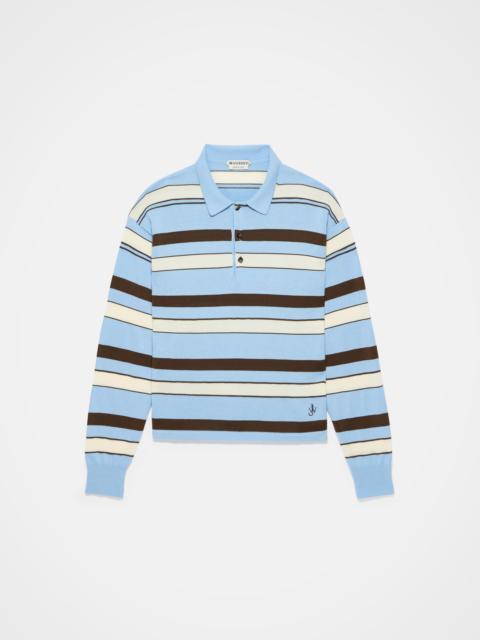 KNITTED STRIPED RUGBY POLO TOP IN MISTY BLUE