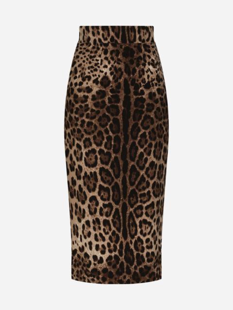 Leopard-print double crepe calf-length skirt