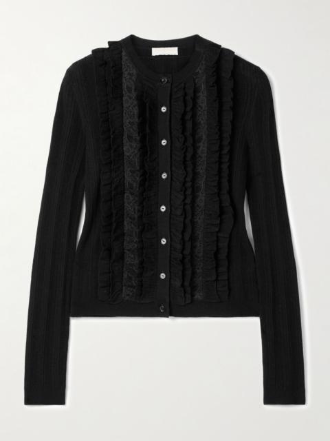 ULLA JOHNSON Maryel lace-trimmed ruffled ribbed merino wool cardigan Black