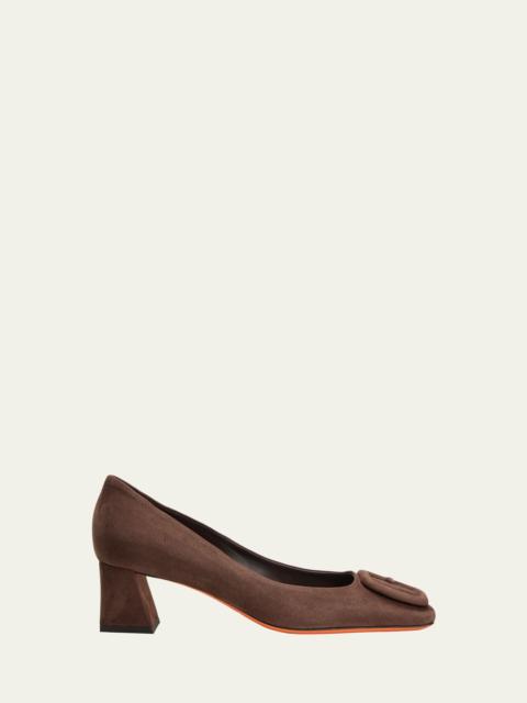 Santoni Suede Buckle Block-Heel Pumps